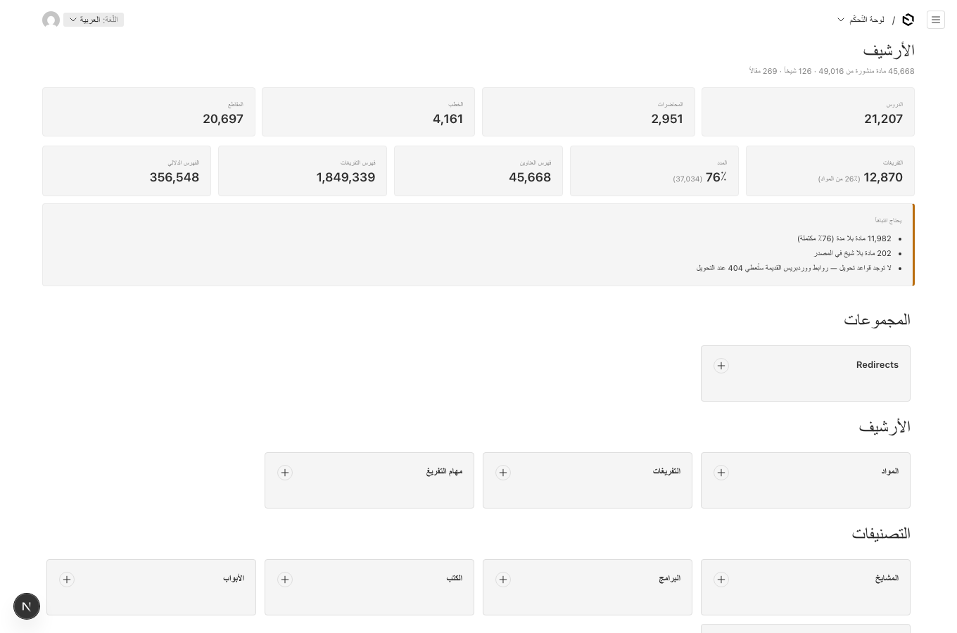 The admin home: the archive dashboard above the collection list.